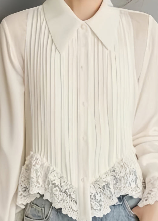 Women's Solid Chiffon Blouse | Elegant Lace Button Spring Top 4