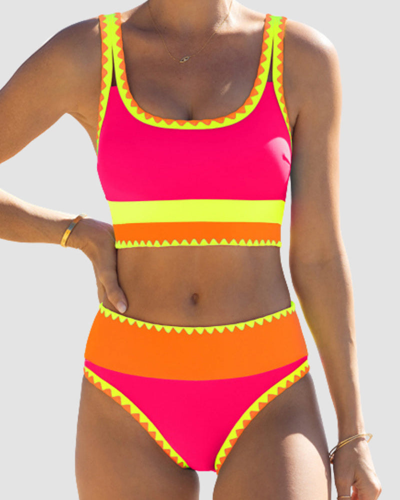 Women's Sporty Nylon High Waisted Bikini Set | Color-Contrast 3-Piece Swimwear 10