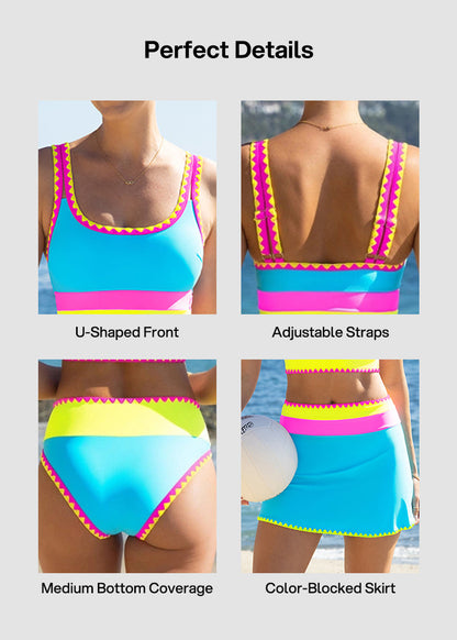 Women's Sporty Nylon High Waisted Bikini Set | Color-Contrast 3-Piece Swimwear 5