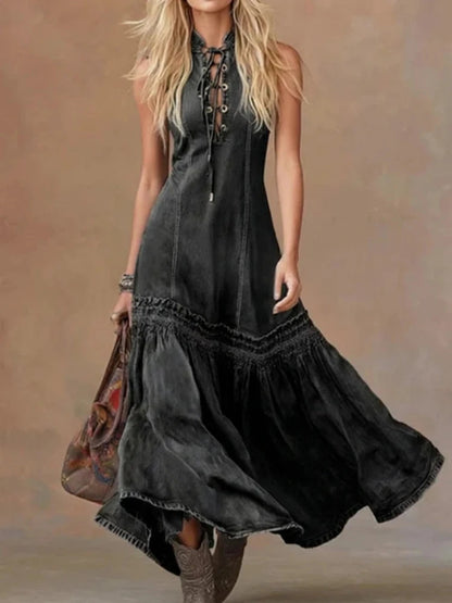 Women's Vintage Denim Maxi Dress | Elegant Sleeveless Flowy Gown 2