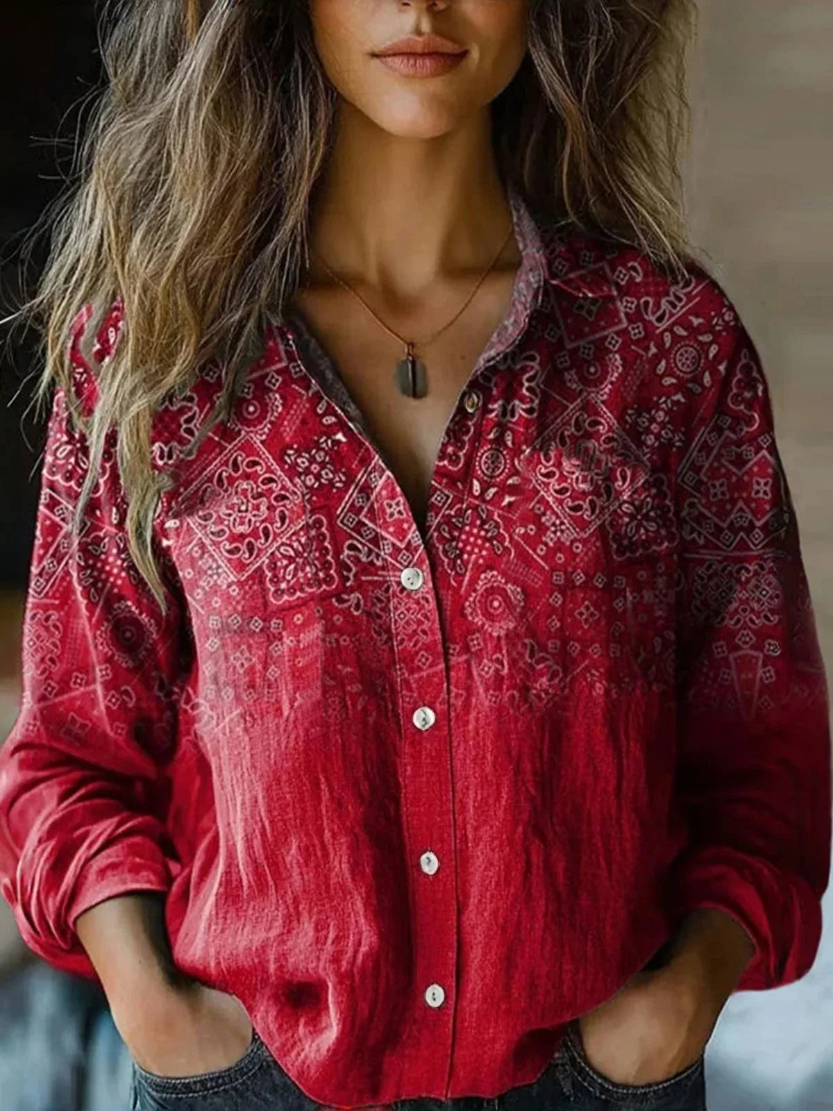 Women's Vintage Floral Print Button-Down Shirt | Relaxed Fit Autumn Blouse 8