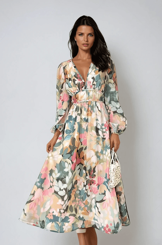Women's Watercolor Floral Midi Dress | Elegant V-Neck Long Sleeve Spring Dress 0