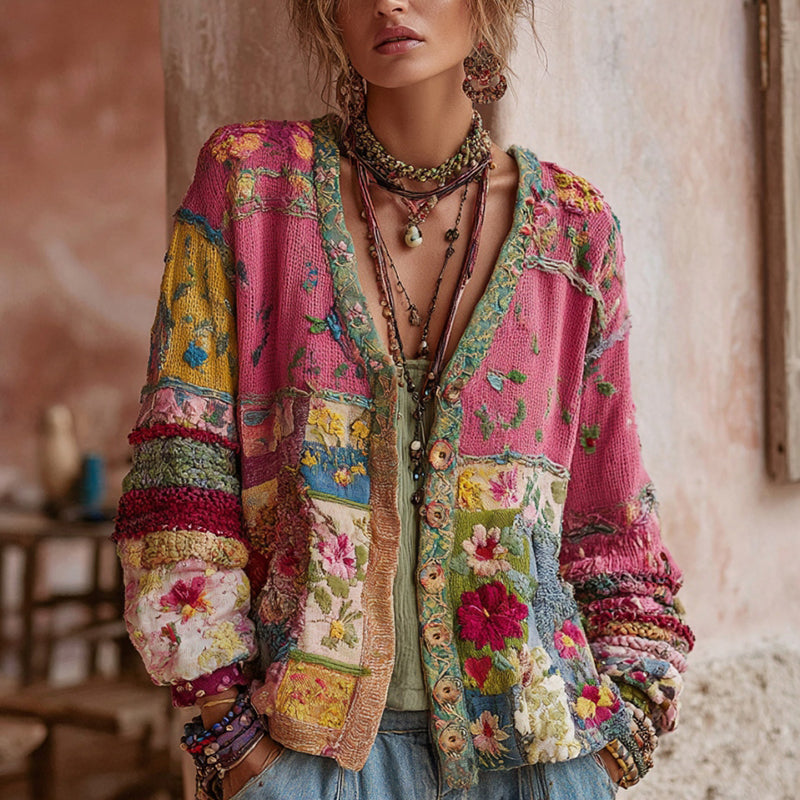 Women's Floral Knit Cardigan | Elegant Vintage V-Neck Cozy Cardigan