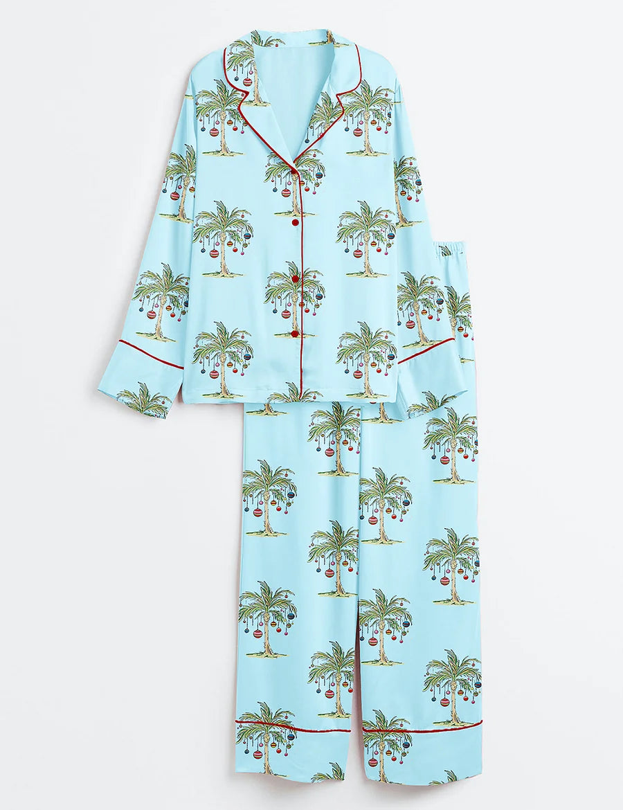 Women’s Tropical Christmas Aloha Holiday Beach Santa In July Hawaiian Print Long Sleeve Satin Pajama Set