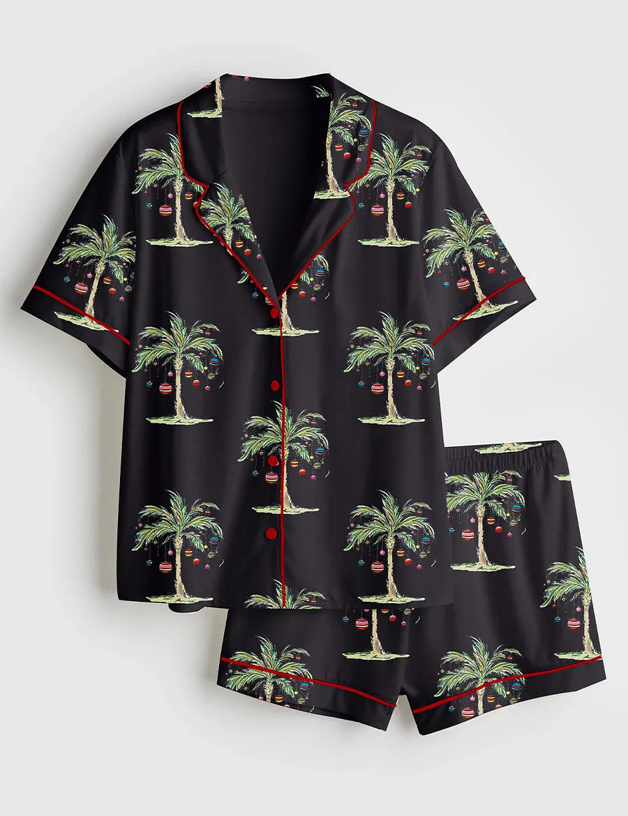 Women’s Tropical Christmas Aloha Holiday Beach Santa In July Hawaiian Print Short Sleeve Satin Pajama Set