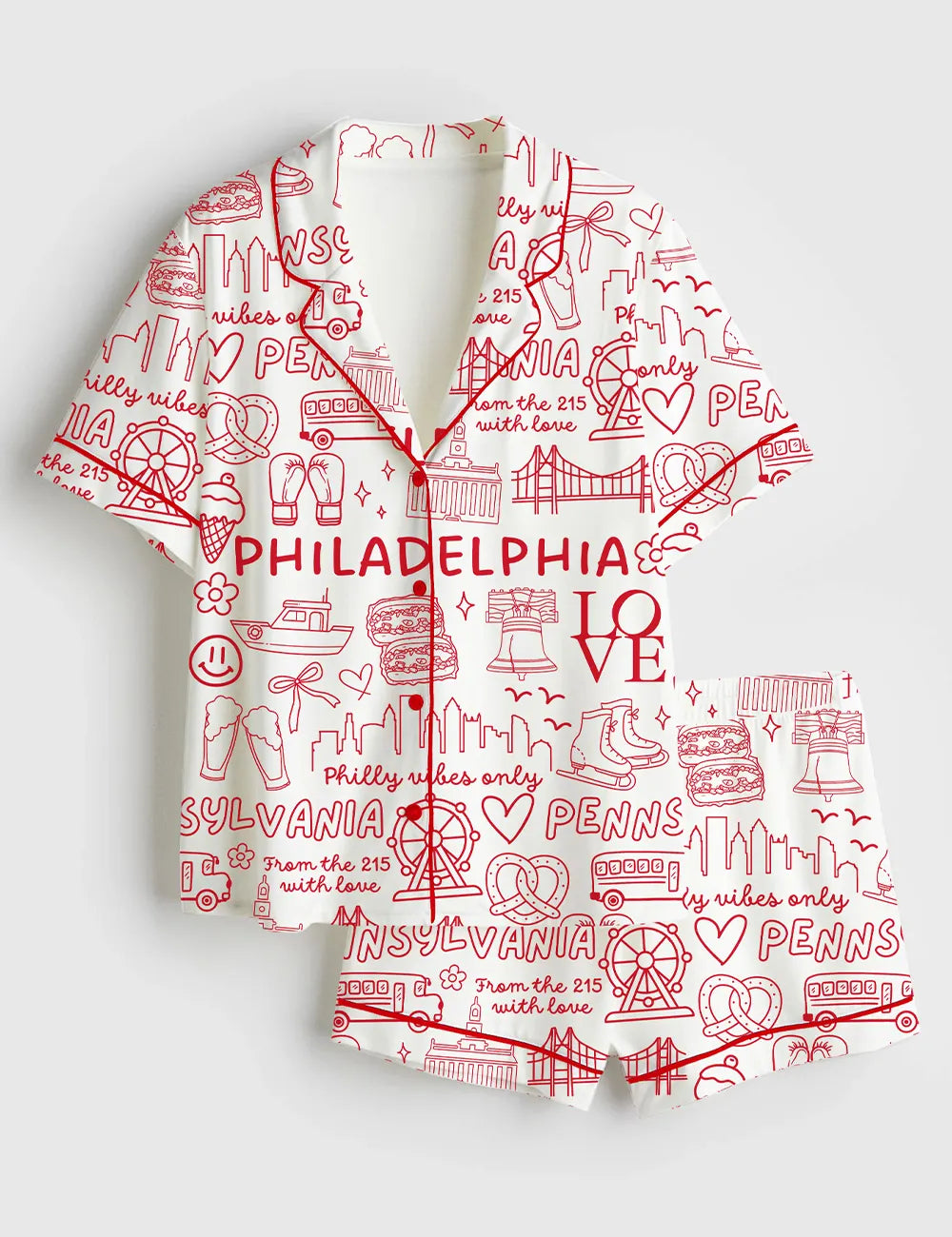 Women’s Philadelphia Icons Pennsylvania Landmarks I Love Philadelphia Short Sleeve Satin Pajama Set