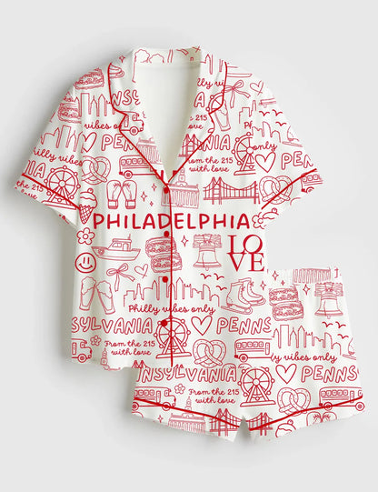 Women’s Philadelphia Icons Pennsylvania Landmarks I Love Philadelphia Short Sleeve Satin Pajama Set
