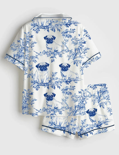 Women’s Pug French Dog Chinoiserie Art Short Sleeve Silky Satin Pajama Set