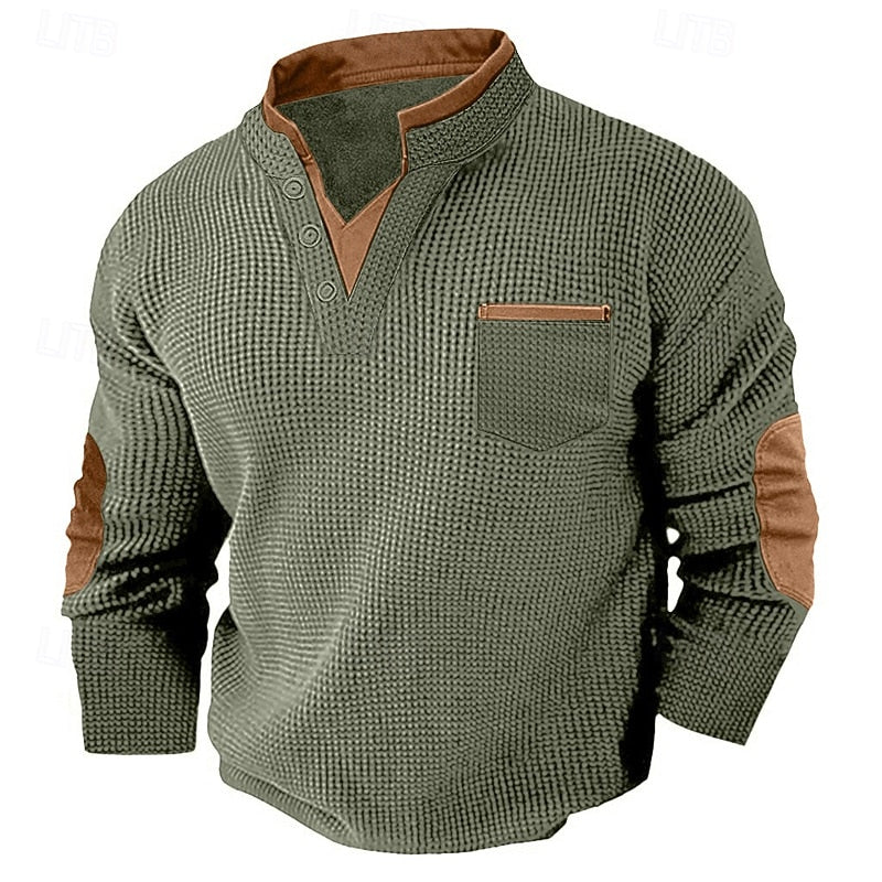 Waffle Knit Henley Shirt with Contrast Trim