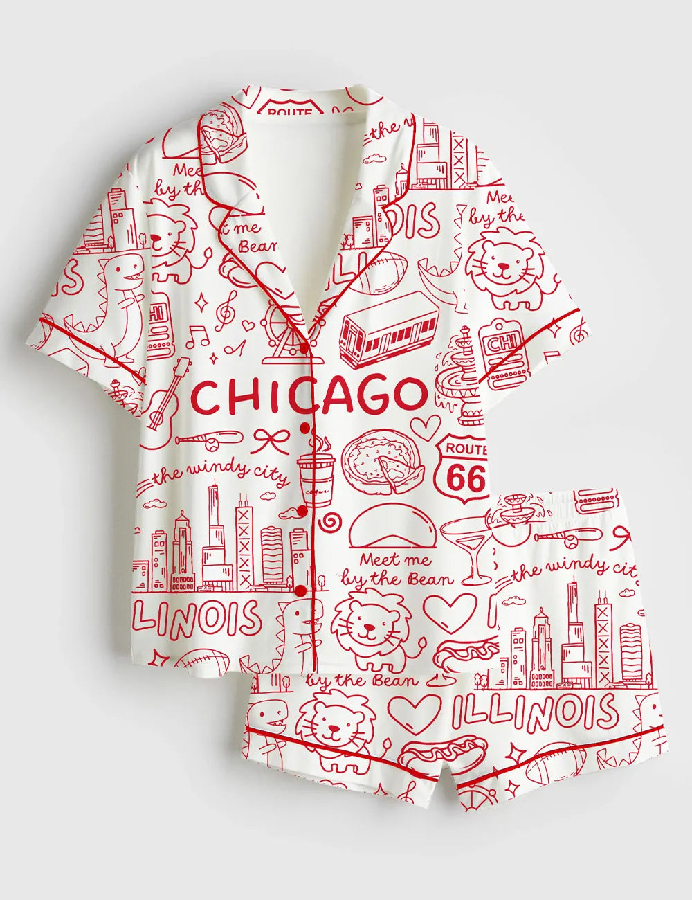 Women’s Chicago Icons Illinois Landmarks I Love Chicago Short Sleeve Satin Pajama Set