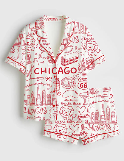 Women’s Chicago Icons Illinois Landmarks I Love Chicago Short Sleeve Satin Pajama Set