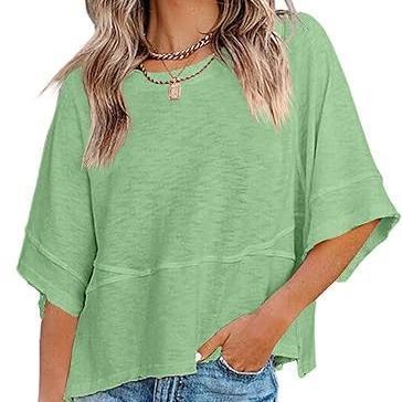 Women's Summer Casual Crewneck Batwing Half Sleeve T-Shirts Solid Color Loose Fit