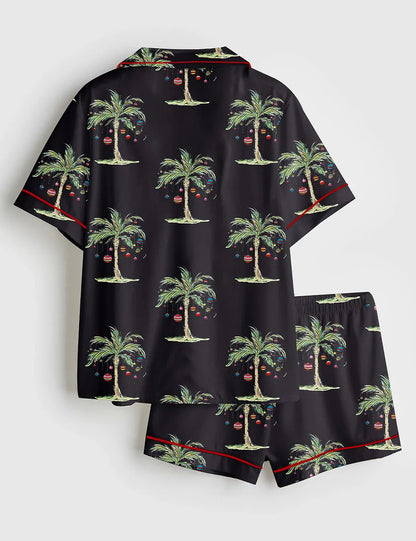 Women’s Tropical Christmas Aloha Holiday Beach Santa In July Hawaiian Print Short Sleeve Satin Pajama Set