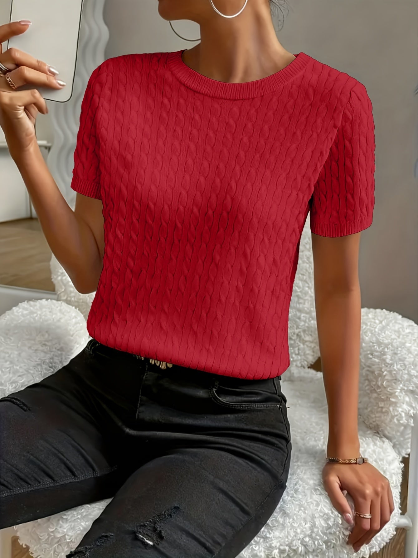 Sabine | Cable Knit Short Sleeve Sweater