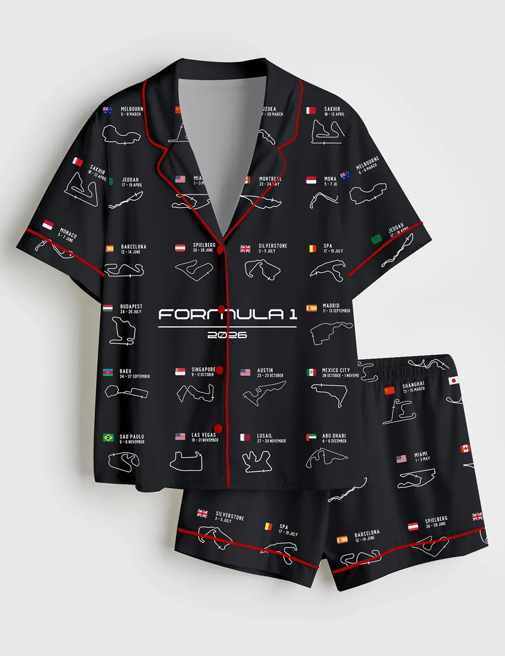 Women’s Formula One 2026 Calendar Formula Racing Season Short Sleeve Satin Pajama Set