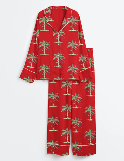 Women’s Tropical Christmas Aloha Holiday Beach Santa In July Hawaiian Print Long Sleeve Satin Pajama Set