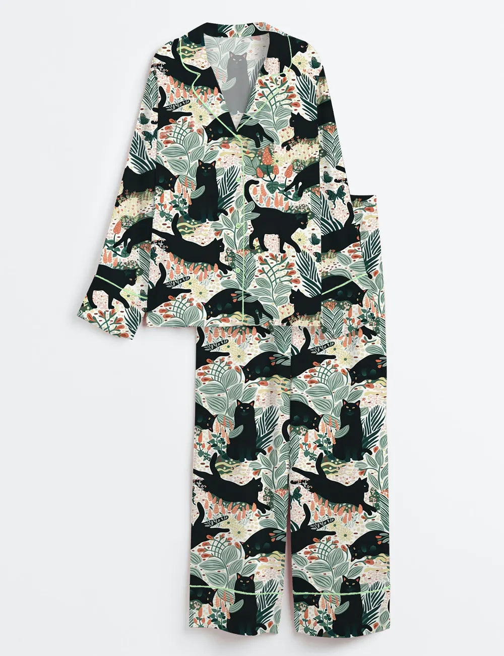 Women’s Black Cat In The Butterfly Garden Long Sleeve Silky Satin Pajama Set