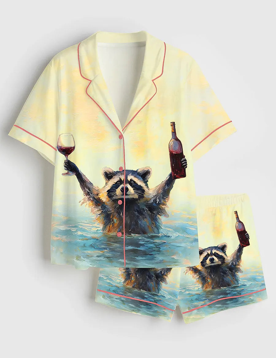Women’s Raccoon Drinking Red Wine Short Sleeve Silky Satin Pajama Set