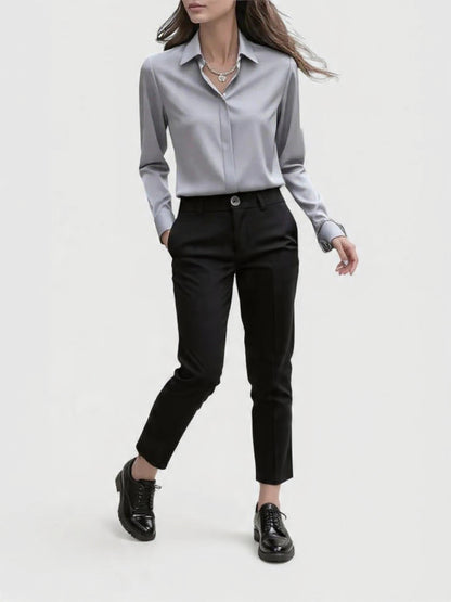 Mariselle | Women's Navy Satin Button-Down Blouse with Concealed Placket