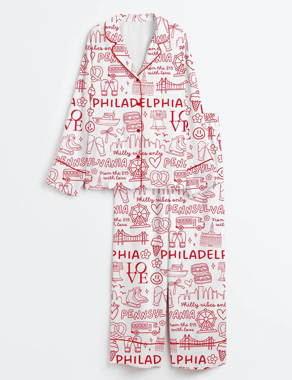 Women’s Philadelphia Icons Pennsylvania Landmarks I Love Philadelphia Long Sleeve Satin Pajama Set