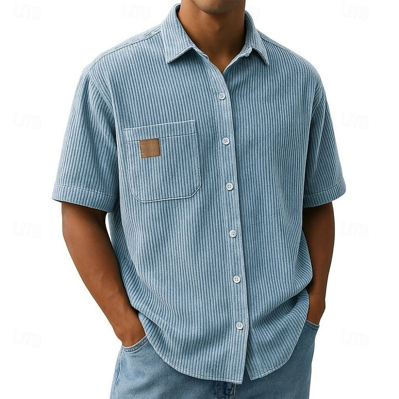 Ribbed Corduroy Short-Sleeve Shirt with Chest Pocket