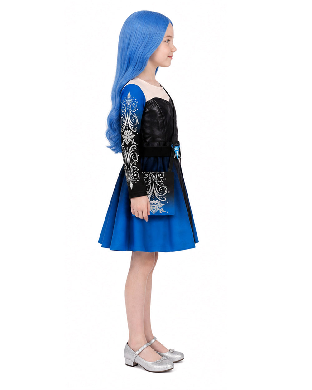Girls Wonderland Princess Chloe Costume Blue Long Sleeve Dress Bag and Wig 3pcs Full Set for Cosplay Events