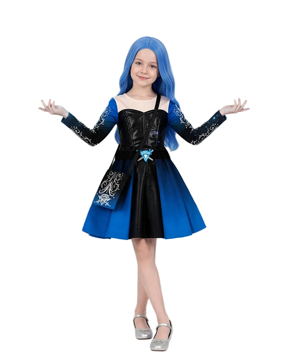 Girls Wonderland Princess Chloe Costume Blue Long Sleeve Dress Bag and Wig 3pcs Full Set for Cosplay Events