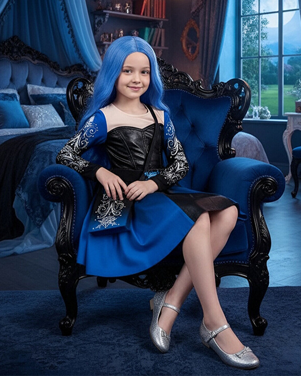 Girls Wonderland Princess Chloe Costume Blue Long Sleeve Dress Bag and Wig 3pcs Full Set for Cosplay Events