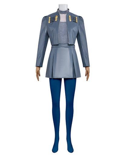 Wonderland Princess Chloe Costume Blue PU Leather Jacket Skirt Shirt with Leggings and Gloves 5pcs Outfit for Cosplay Party
