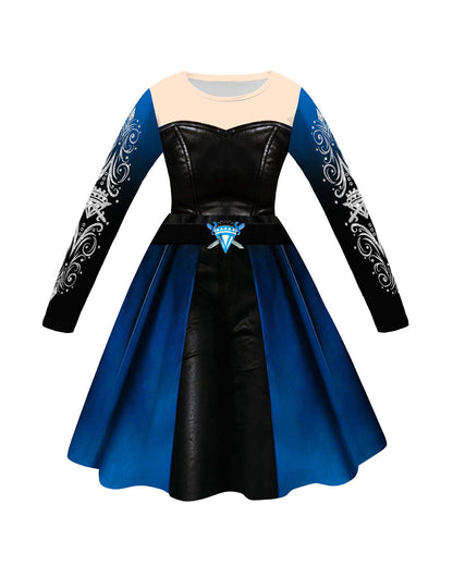 Girls Wonderland Princess Chloe Costume Blue Long Sleeve Dress Bag and Wig 3pcs Full Set for Cosplay Events