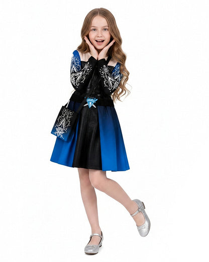 Girls Wonderland Princess Chloe Costume Blue Long Sleeve Dress Bag and Wig 3pcs Full Set for Cosplay Events