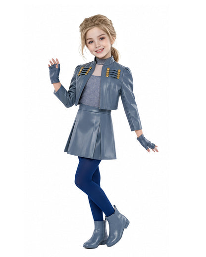 Wonderland Princess Chloe Costume Blue PU Leather Jacket Skirt Shirt with Leggings and Gloves 5pcs Outfit for Cosplay Party