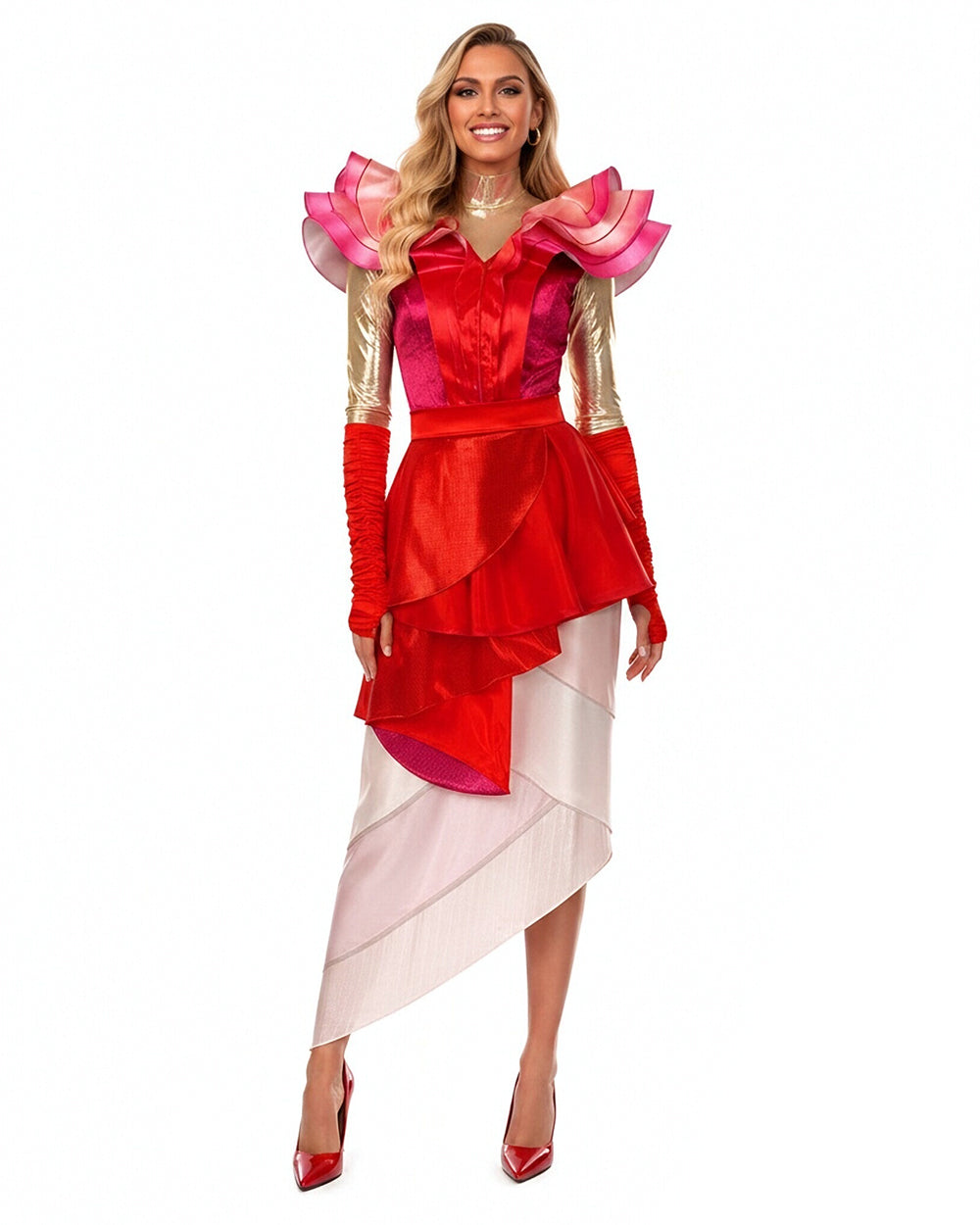 Wonderland Card Queen Costume Red Ruffle High-Low Layered Dress with Crown and Wig for Stage Performances