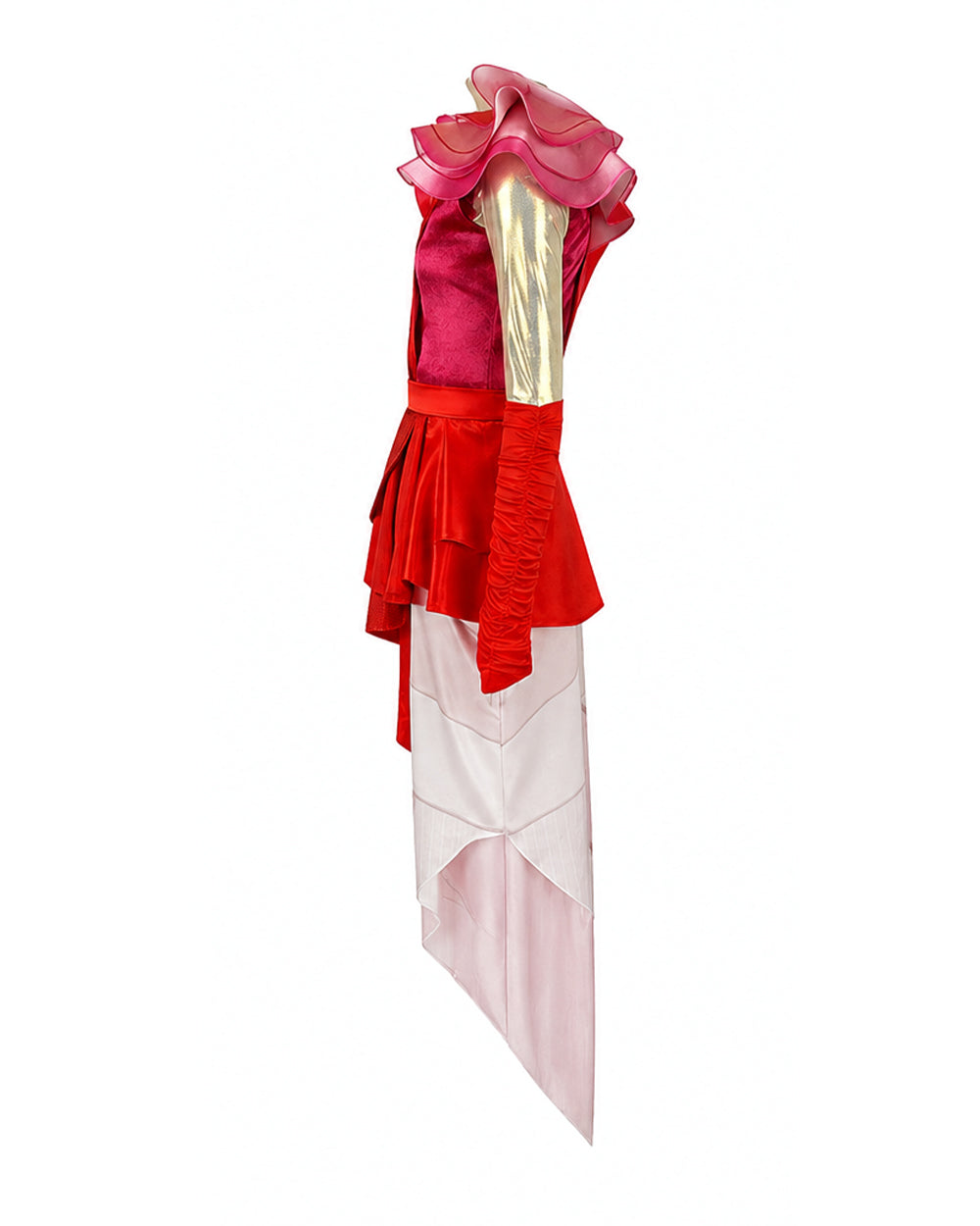 Wonderland Card Queen Costume Red Ruffle High-Low Layered Dress with Crown and Wig for Stage Performances