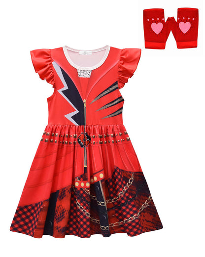 Girls Red Princess Costume Wonderland Dress Red Heart Gloves and Wig 3pcs Suit for Halloween Carnival