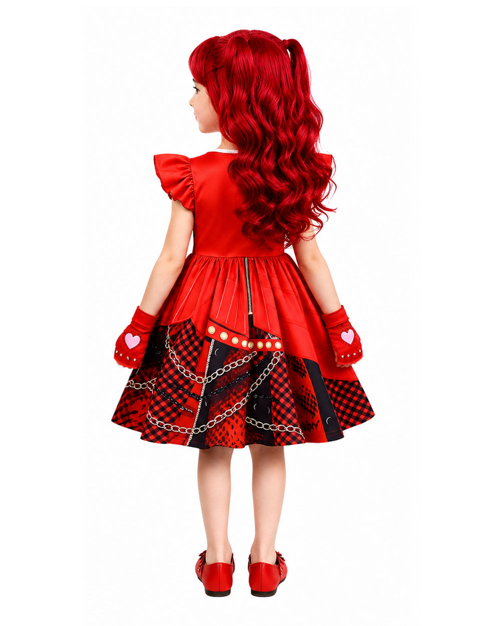 Girls Red Princess Costume Wonderland Dress Red Heart Gloves and Wig 3pcs Suit for Halloween Carnival