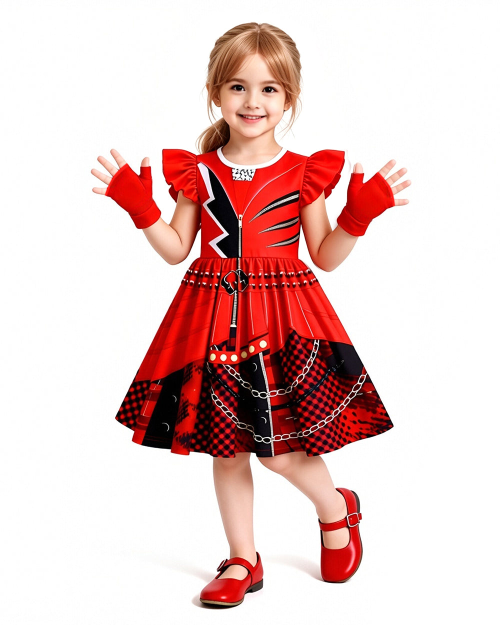 Girls Red Princess Costume Wonderland Dress Red Heart Gloves and Wig 3pcs Suit for Halloween Carnival