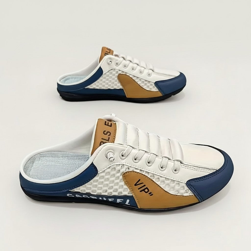 Mules sneakers Doglory bicolores blanc et bleu avec empiècements marron, design slip-on confortable et respirant