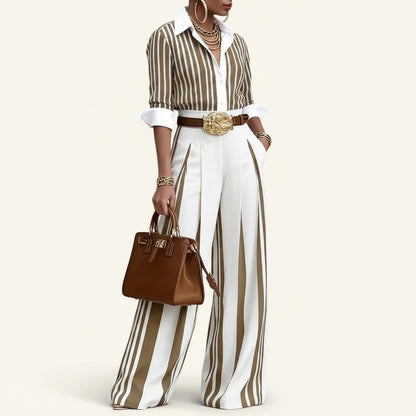 Ensemble Doglory Marina composé d'une chemise rayée marron et blanc et d'un pantalon large assorti avec ceinture