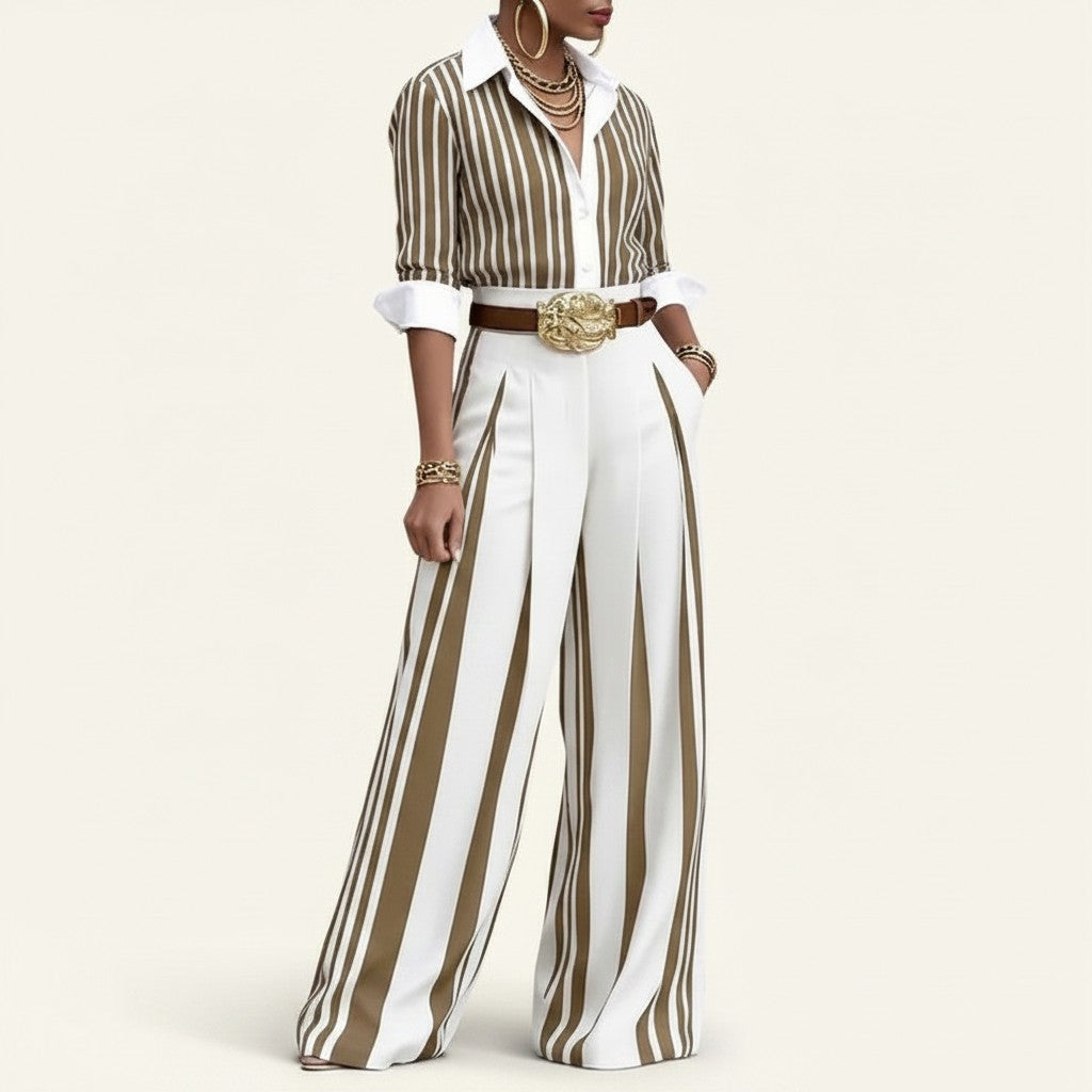 Ensemble Doglory Marina composé d'une chemise rayée et d'un pantalon large blanc et marron à taille haute