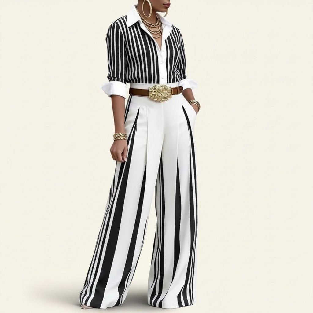 Ensemble Doglory Marina composé d'une chemise rayée et d'un pantalon large blanc à rayures noires élégant