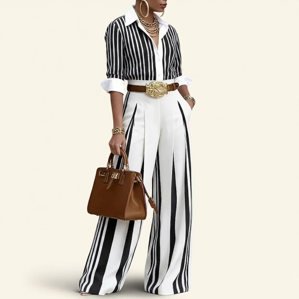 Ensemble Doglory Marina composé d'une chemise rayée noir et blanc et d'un pantalon large assorti, style élégant.