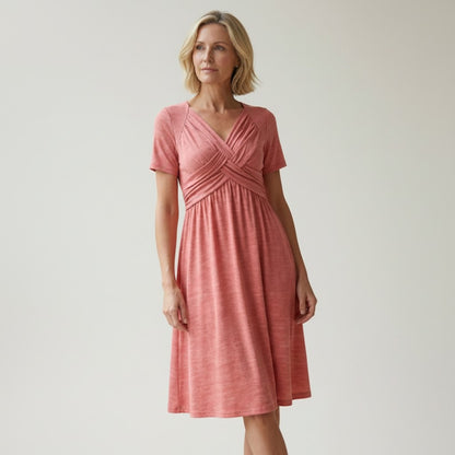 Robe midi Doglory Noa rose à col en V, coupe fluide et manches courtes, style élégant et décontracté