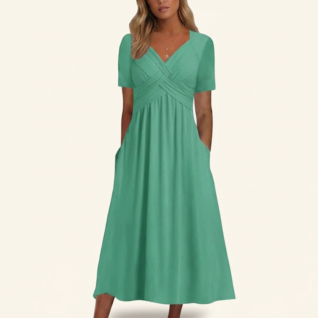 Robe midi Doglory verte à col en V avec corsage croisé, manches courtes et poches latérales pratiques