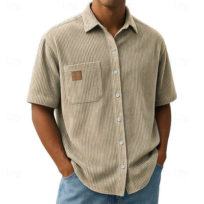 Ribbed Corduroy Short-Sleeve Shirt with Chest Pocket