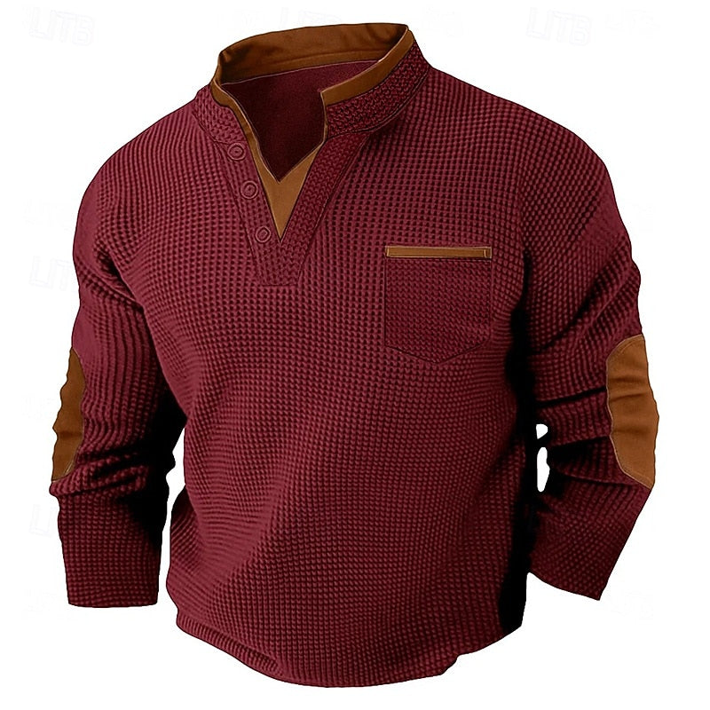 Waffle Knit Henley Shirt with Contrast Trim