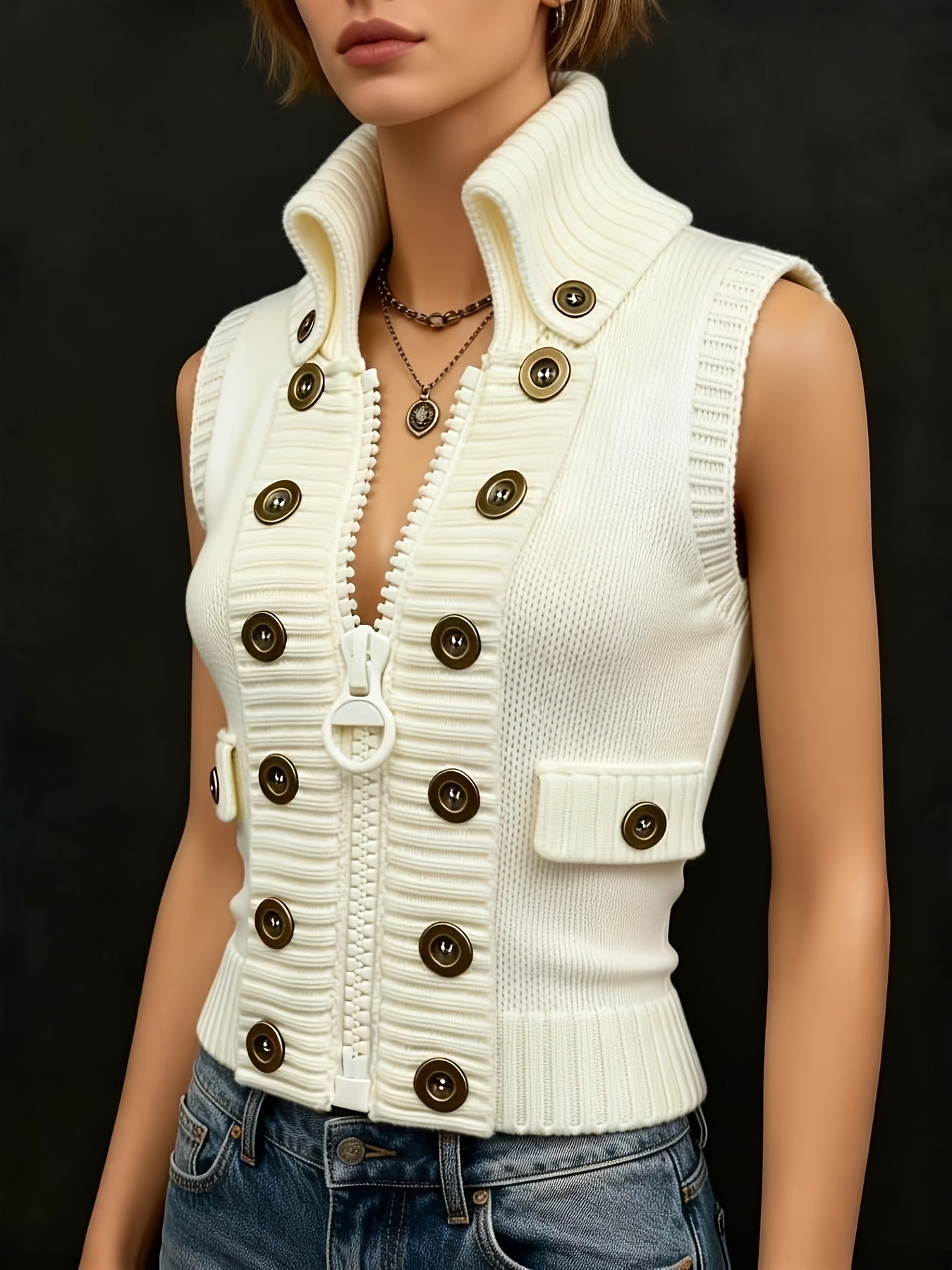 Women's High Collar Ribbed Knit Vest