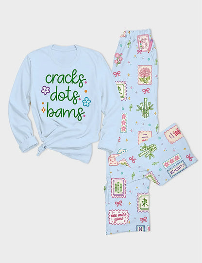 Women's Mahjong Pastel Game Long Sleeve Cotton T-Shirt Pajama Set