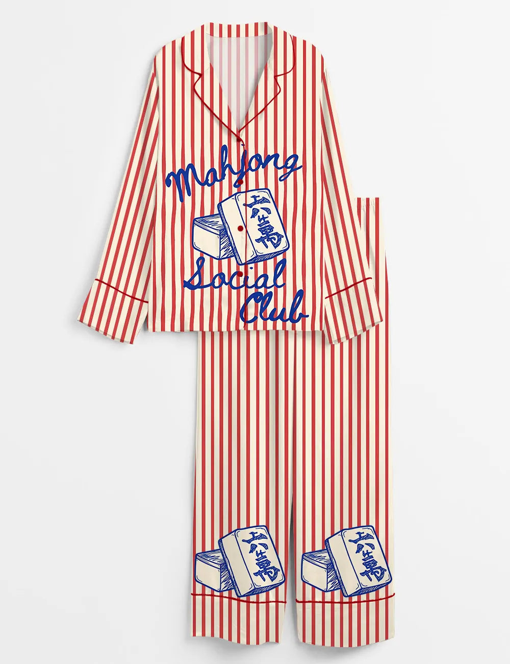 Women’s Mahjong Social Club Funny Board Game Long Sleeve Silky Satin Pajama Set