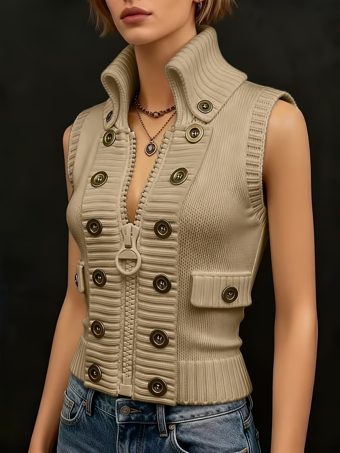Women's High Collar Ribbed Knit Vest